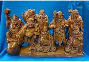 一木彫り　七福神（横幅40cm） Amazon｜海宇工芸（kaiu art）木彫り仏像 柘植一本彫【七福神